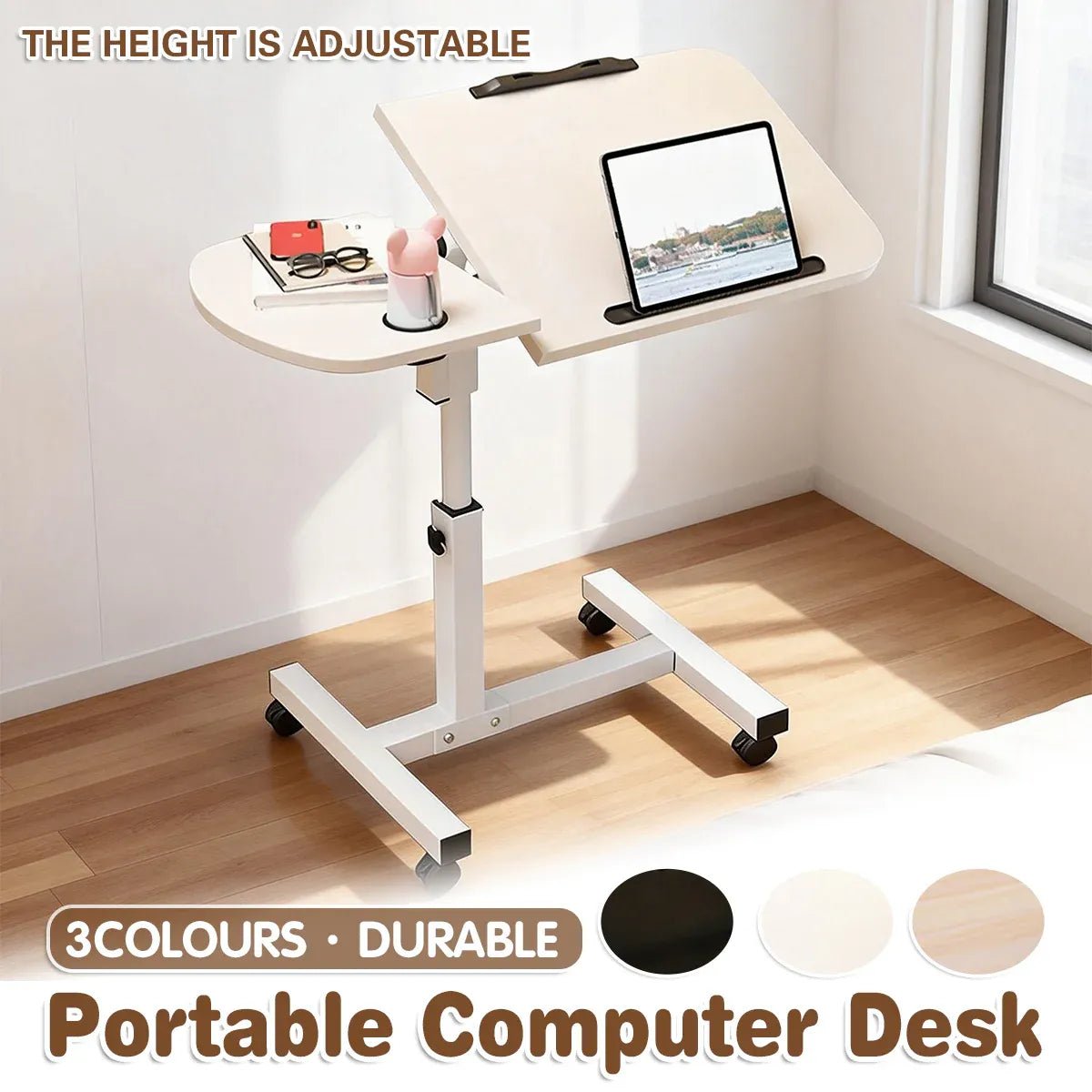 Portable Adjustable Height Laptop Desk Stand Mobile Table For Bed Sofa Office - Natural Wood
