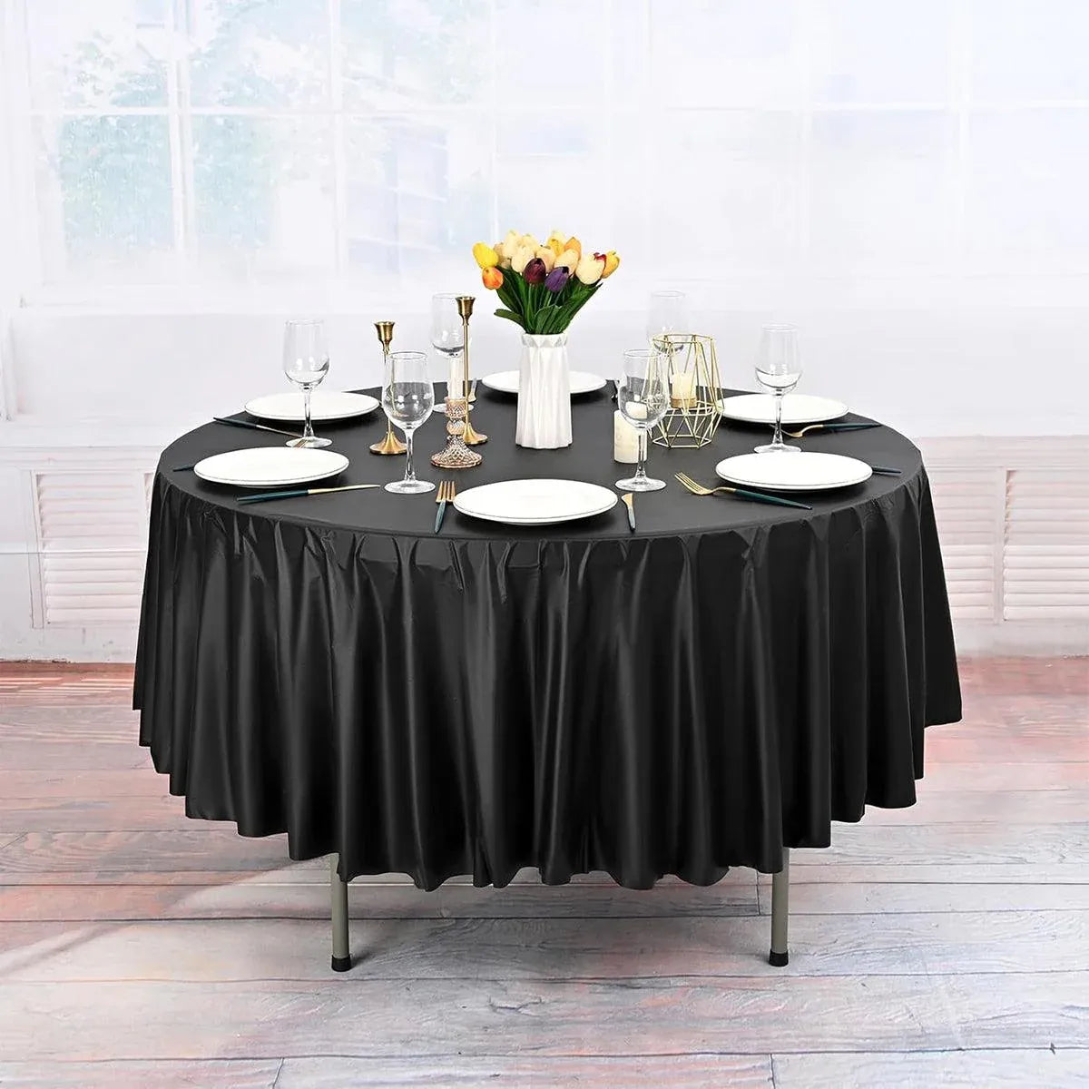 10pcs Round Tablecloth Solid Color Waterproof PEVA Table Cover 213cm Diameter - Black