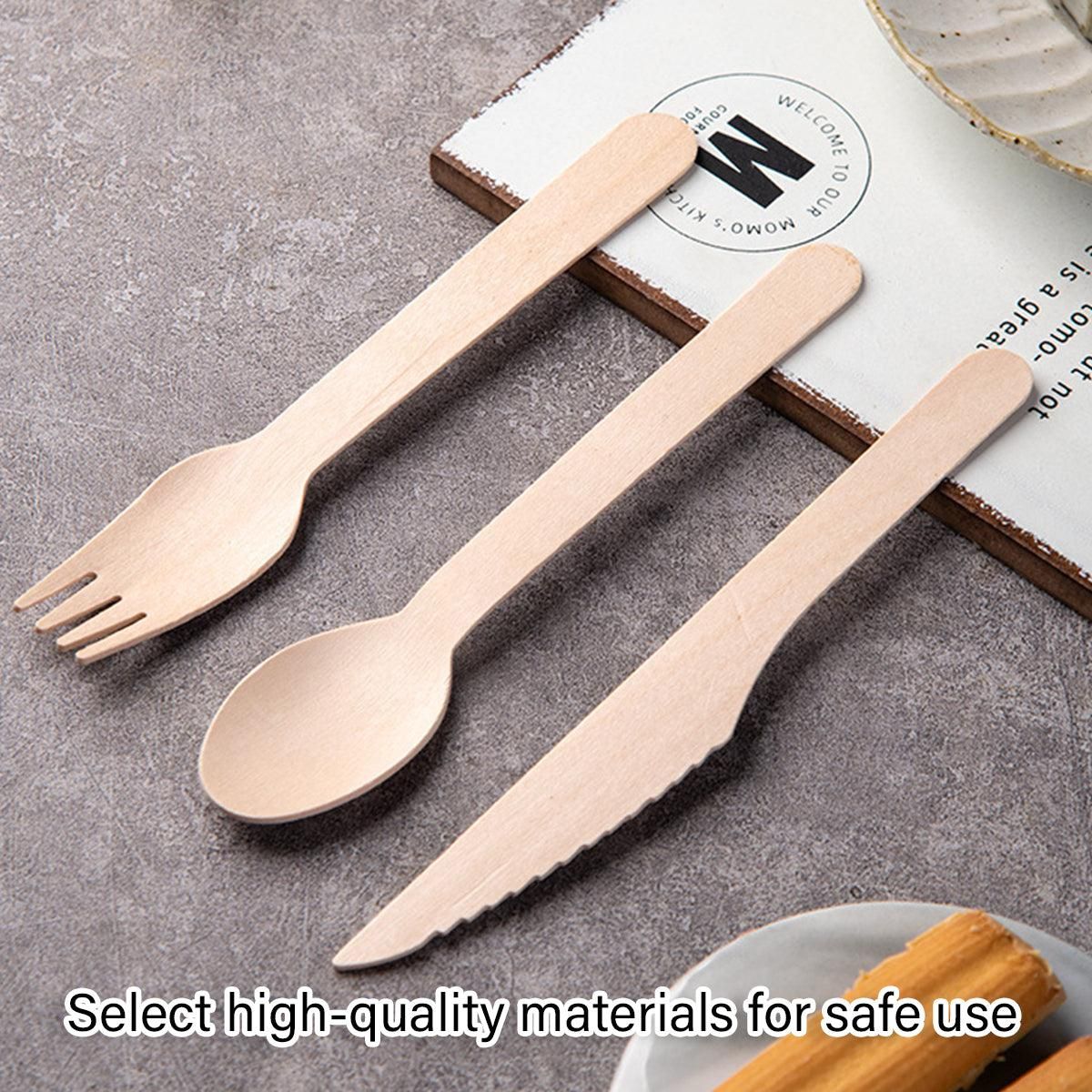 Degradable Wooden Cutlery Set 100pcs Disposable Spoons Forks Knives for Dessert