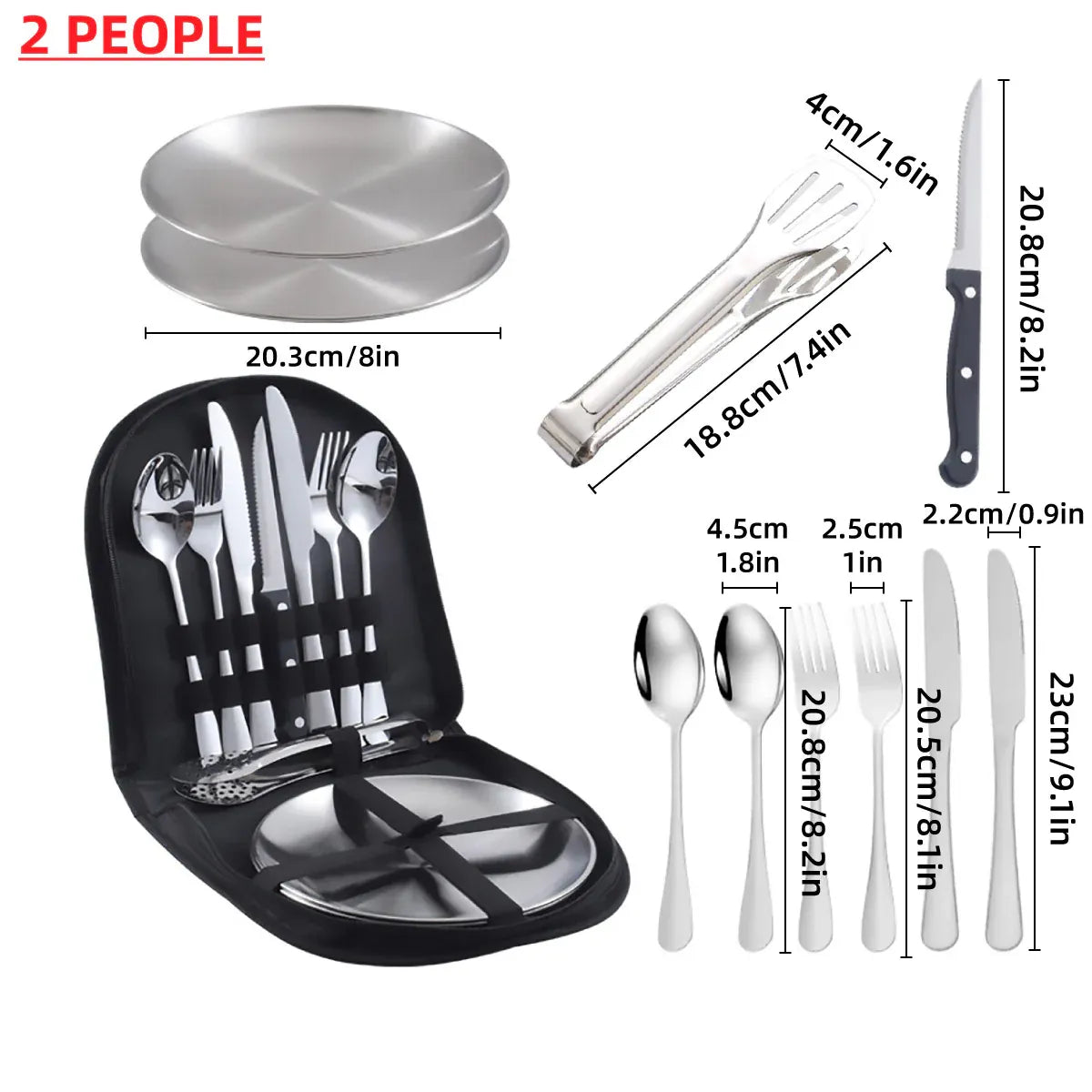 10/20PCS Camping Cutlery Set Outdoor Picnic Utensils Plates Spoons Forks Knives - Black-2 People