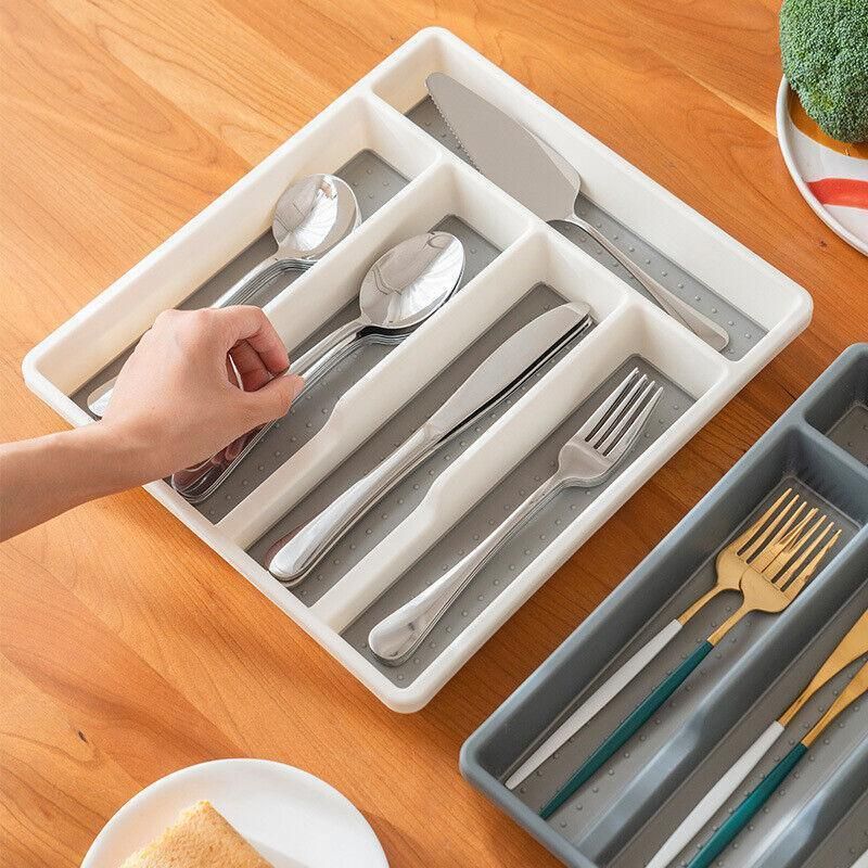 Kitchen Cutlery Large Tray Utensil Organiser Drawer Insert Divider Multi-Purpose - White