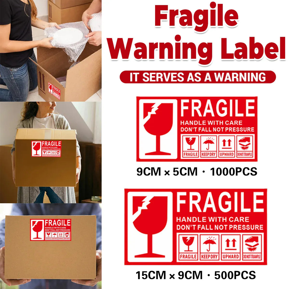 Fragile Warning Self Adhesive Sticker For Express Shipping Courier Alert Use - 9×5cm