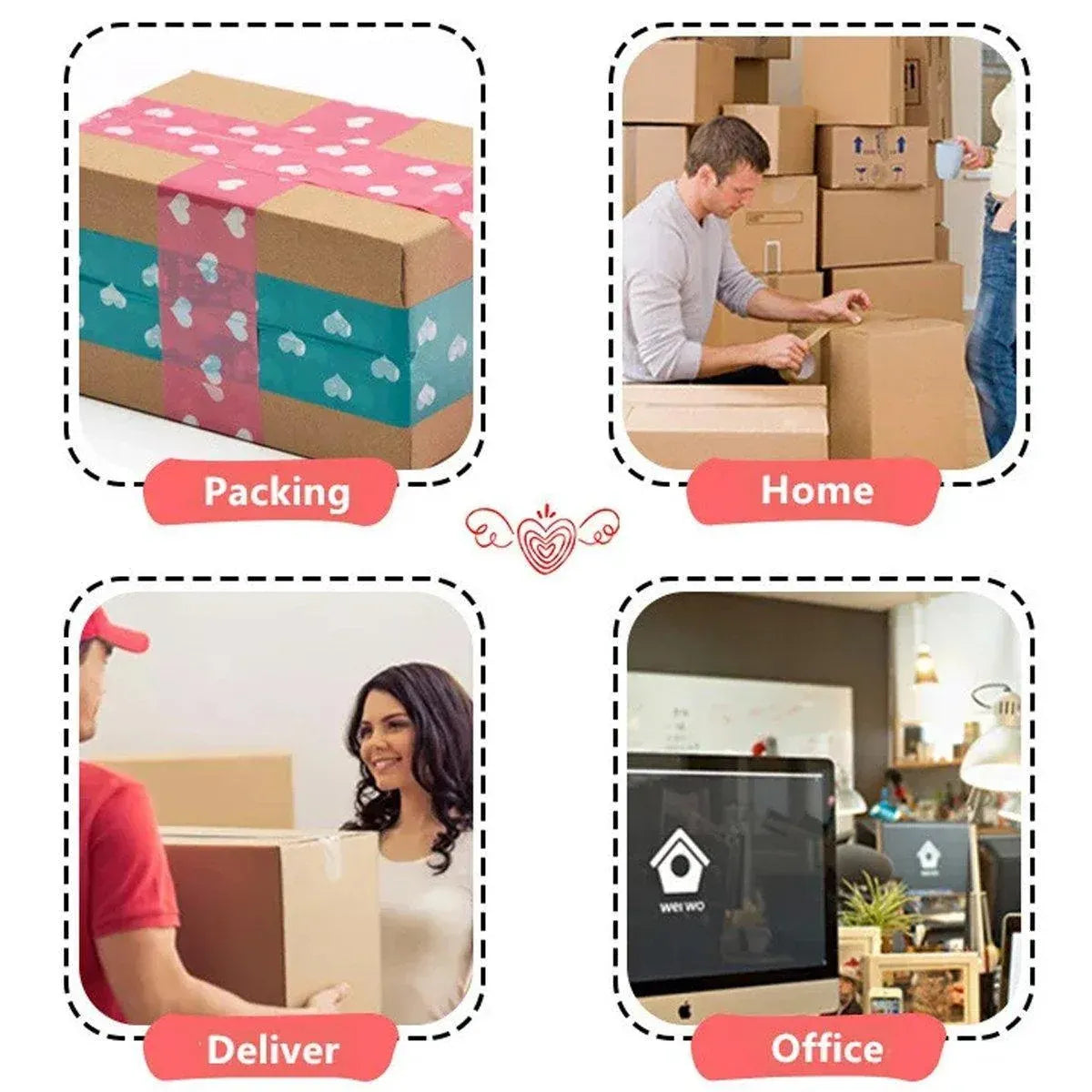 5pcs Cute Personality Packing Sealing Tape Adhesive Heart Design Colourful Glue - Pink