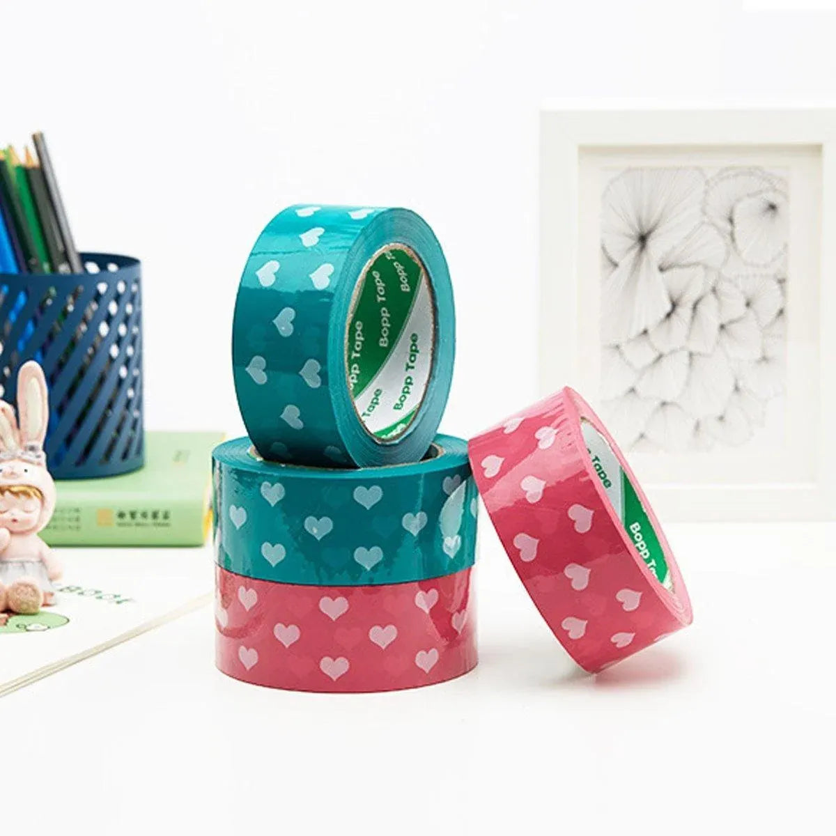 5pcs Cute Personality Packing Sealing Tape Adhesive Heart Design Colourful Glue - Pink