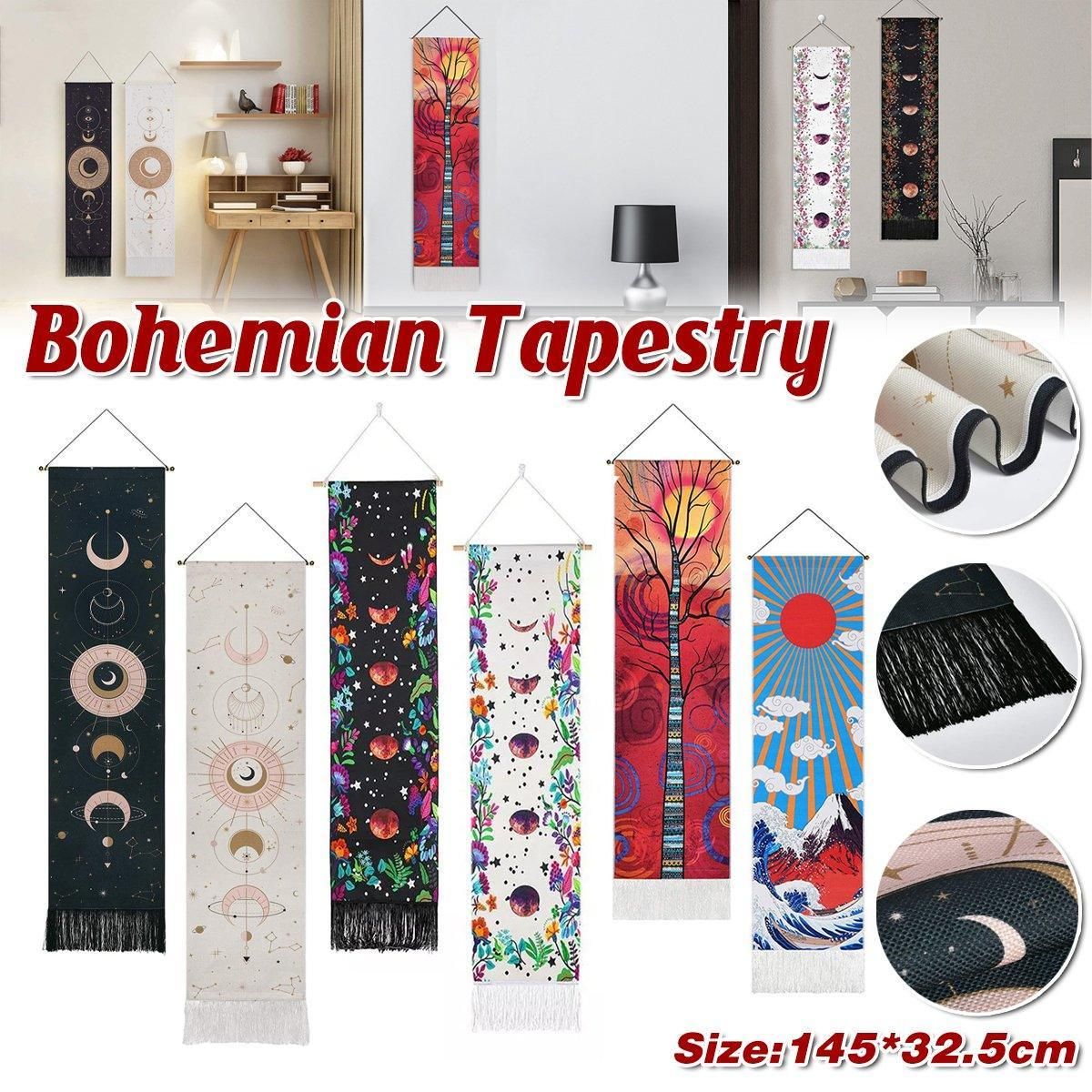 Bohemian Wall Hanging Tapestries Vintage Wall Decor Moon Phase Wall Art Decor - Flower-Black