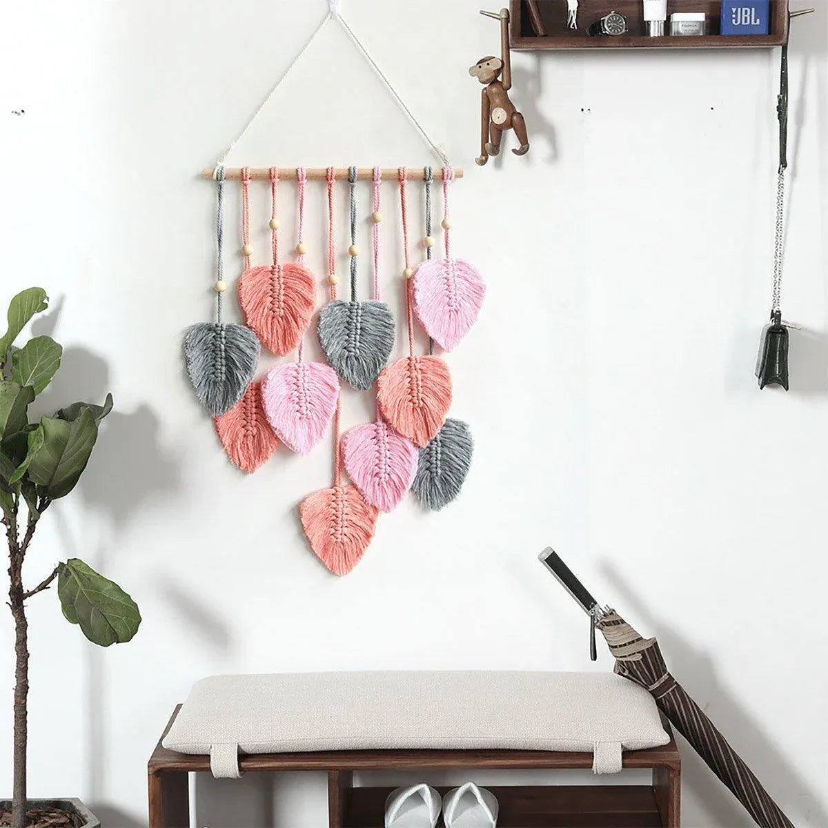 Handmade Braided Cotton Rope Leaves Wall Hanging Home Decoration Ornament - Pink