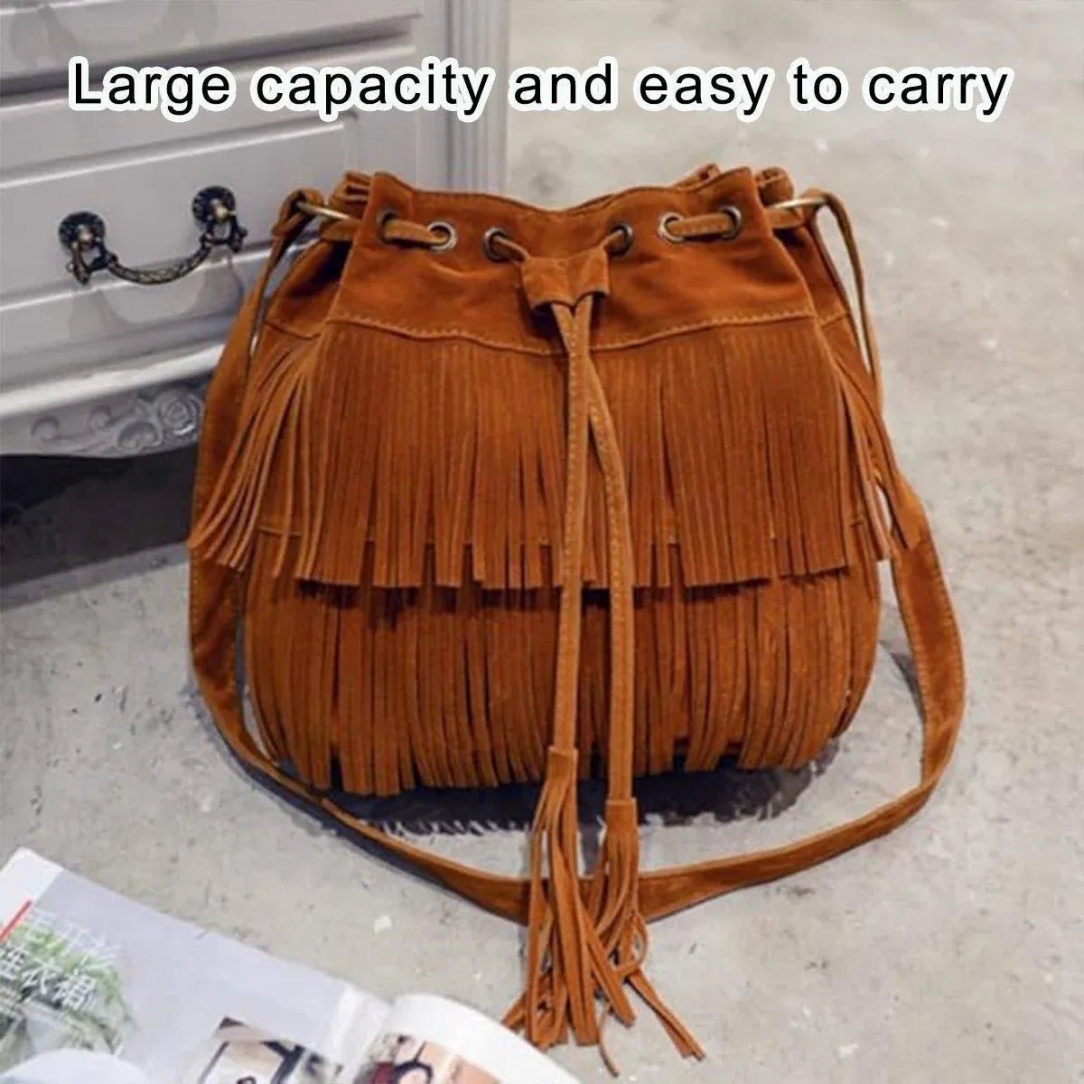 Brown Soft Velvet Tassel Womens Drawstring Shoulder Crossbody Bag for Fashion