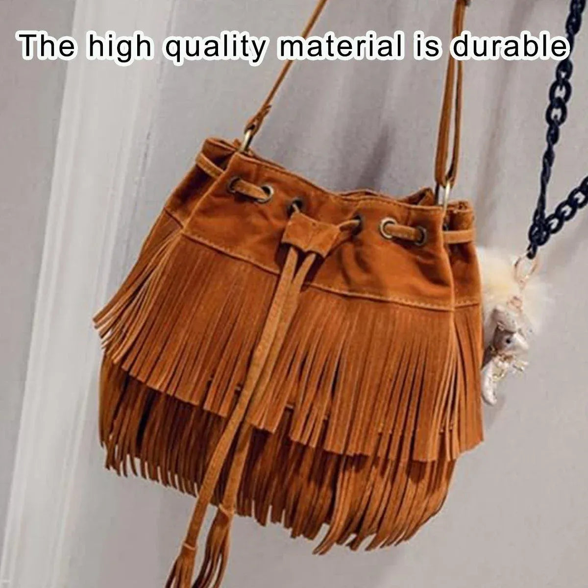 Brown Soft Velvet Tassel Womens Drawstring Shoulder Crossbody Bag for Fashion