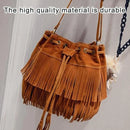 Brown Soft Velvet Tassel Womens Drawstring Shoulder Crossbody Bag for Fashion