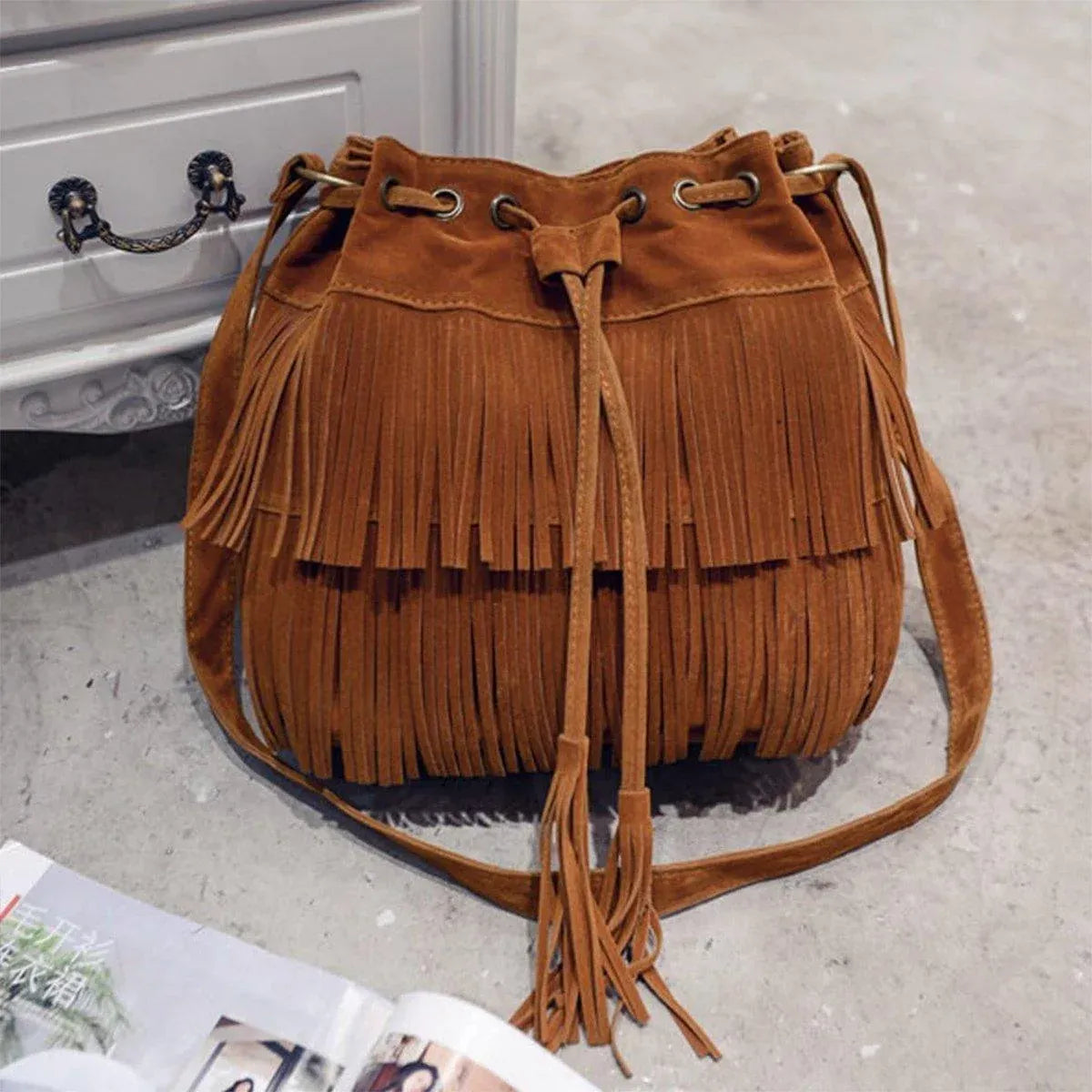 Brown Soft Velvet Tassel Womens Drawstring Shoulder Crossbody Bag for Fashion