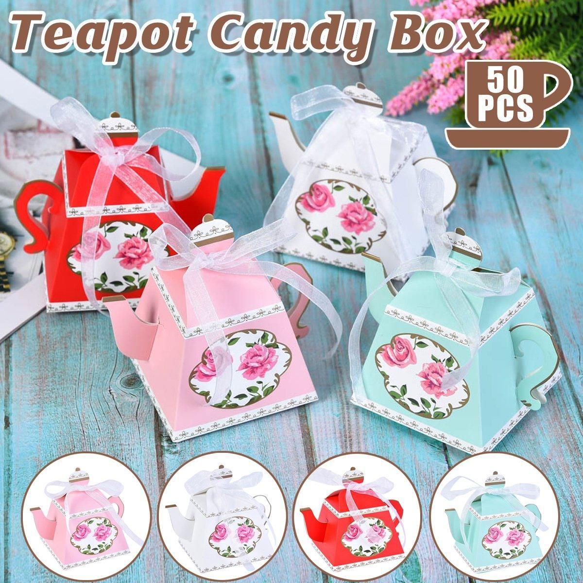 50Pcs Teapot Candy Boxes Wedding Favor Gift Packaging Tea Party Decorations - White