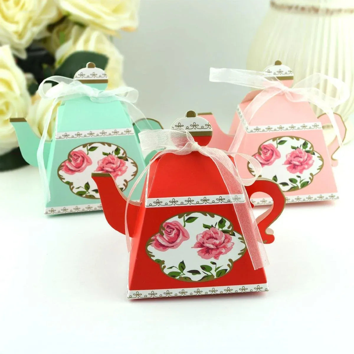 50Pcs Teapot Candy Boxes Wedding Favor Gift Packaging Tea Party Decorations - White