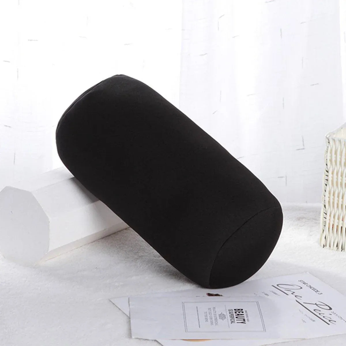 Solid Color Cylindrical Foam Particle Pillow Multi-Functional Neck Waist Support - Black