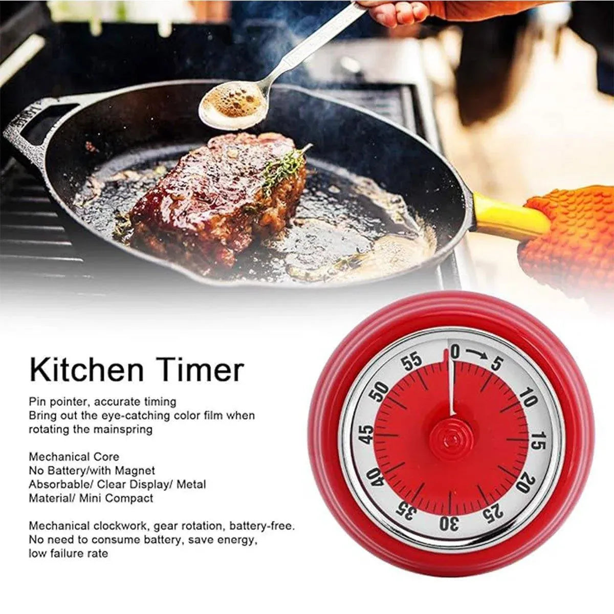 60 Minutes Visual Analog Timer Countdown Clock Time Management Kitchen Tool - Red