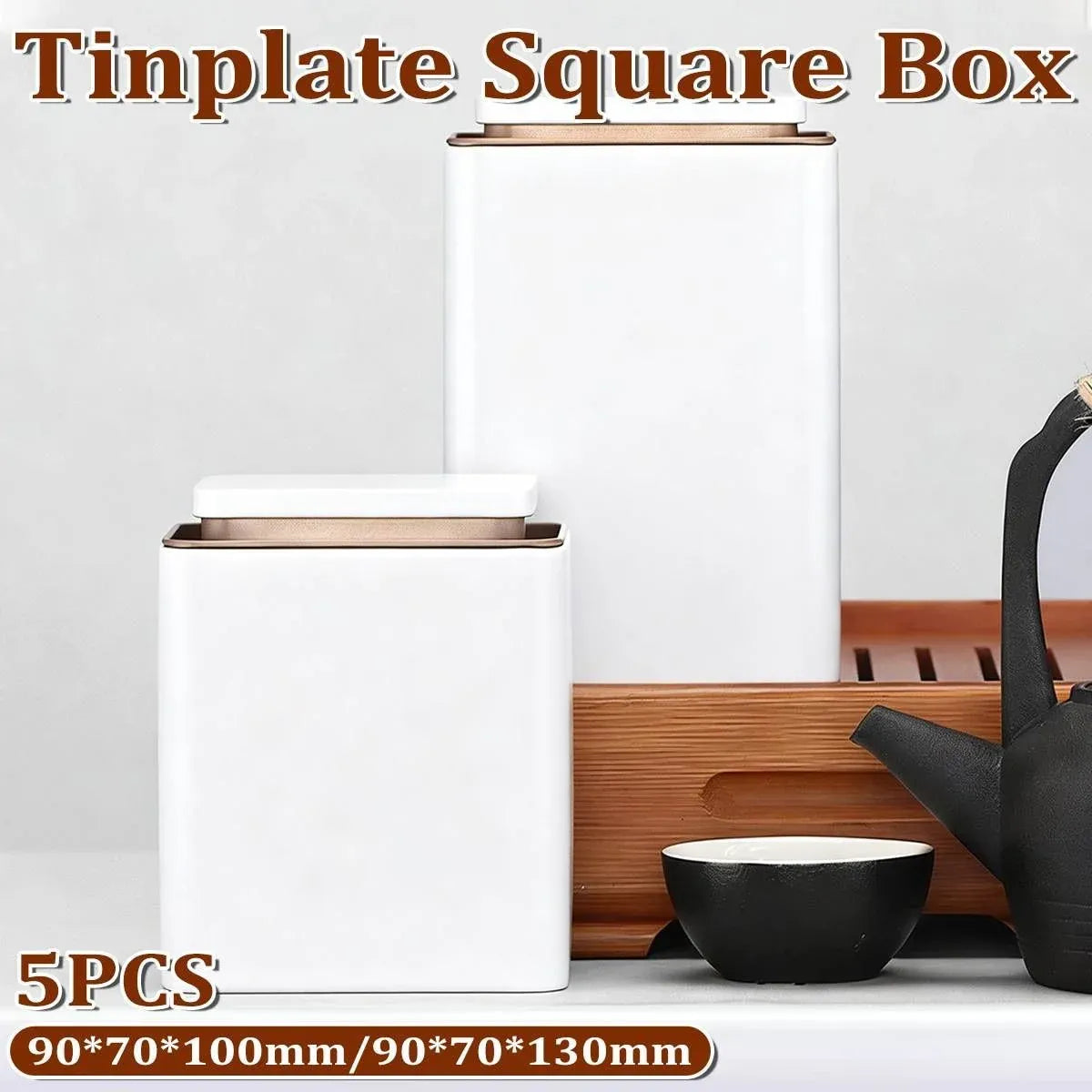 Metal Storage Tin Box Set Square Containers with Lid 5 Pack 2 Sizes - Small