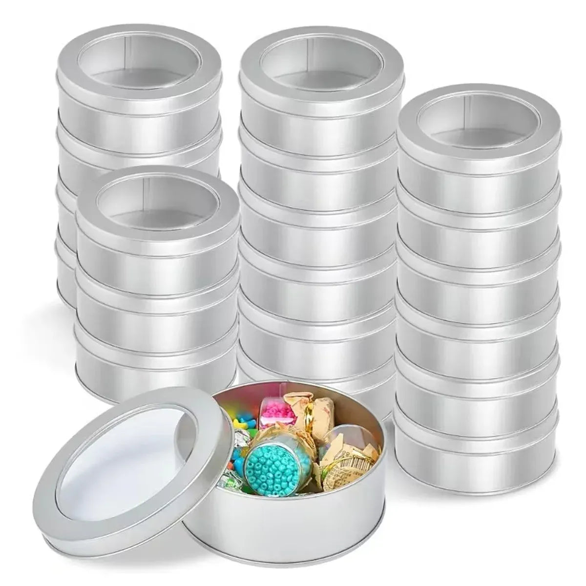 Round Tin Storage Boxes 30pcs Clear Window Lid for Craft Jewellery DIY