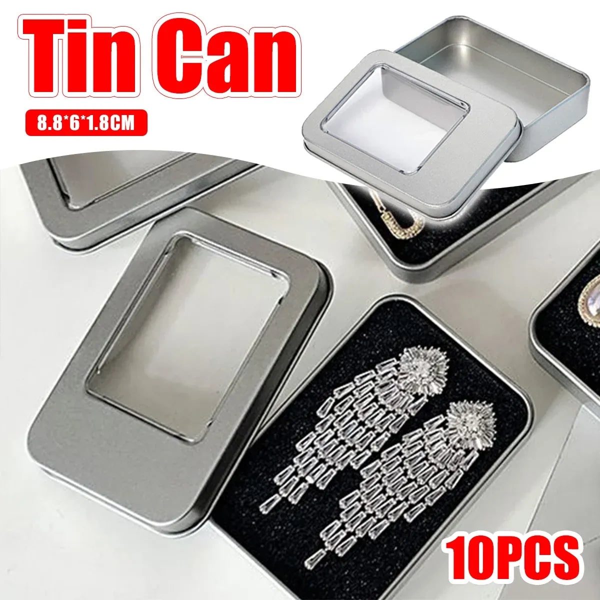 10PCS Tin Box Connected Flip Top With Clear Window for Small Item Storage Use