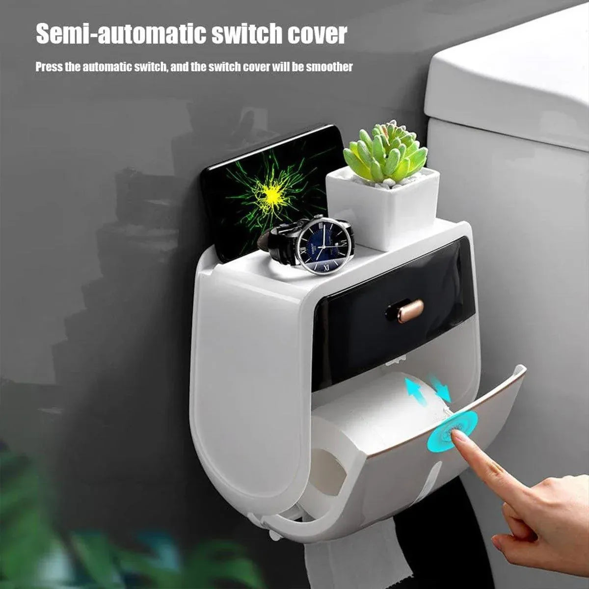 Wall-Mounted Toilet Tissue Paper Roll Holder Storage Box No punching Waterproof - Grey