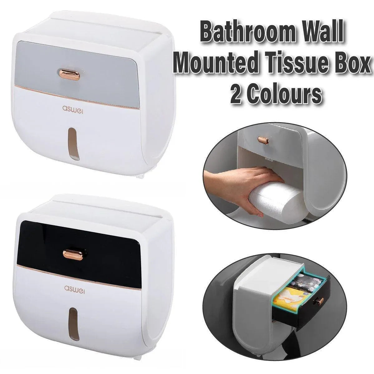 Wall-Mounted Toilet Tissue Paper Roll Holder Storage Box No punching Waterproof - Grey