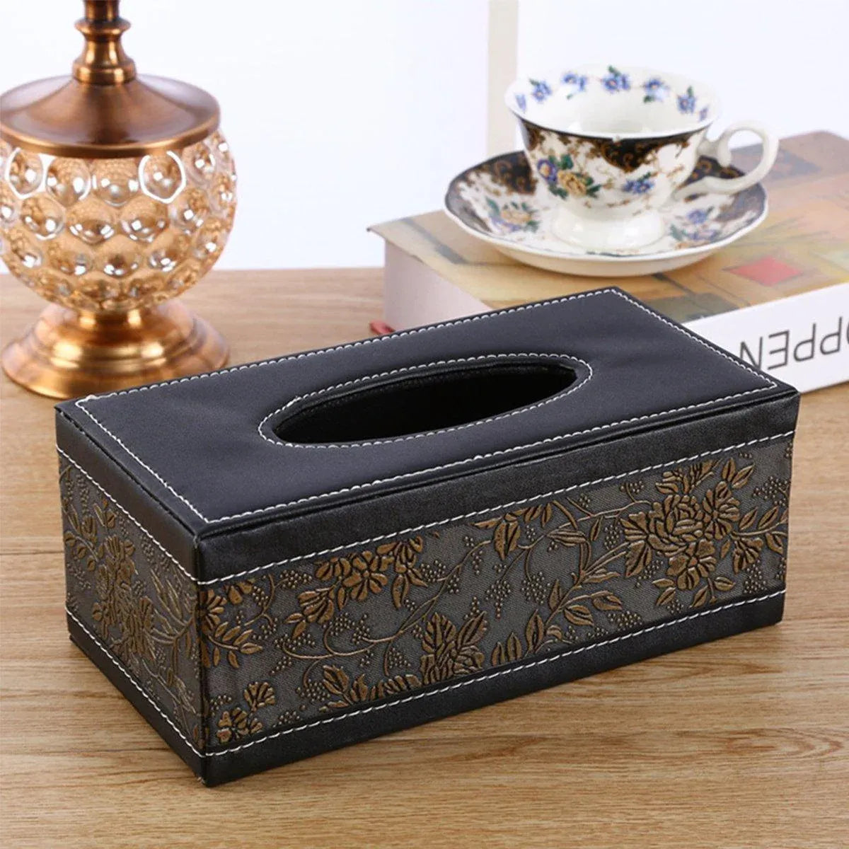 High-End PU Leather Tissue Box Holder for Hotel Home Office Decor Elegant Design - Black Woven Pattern