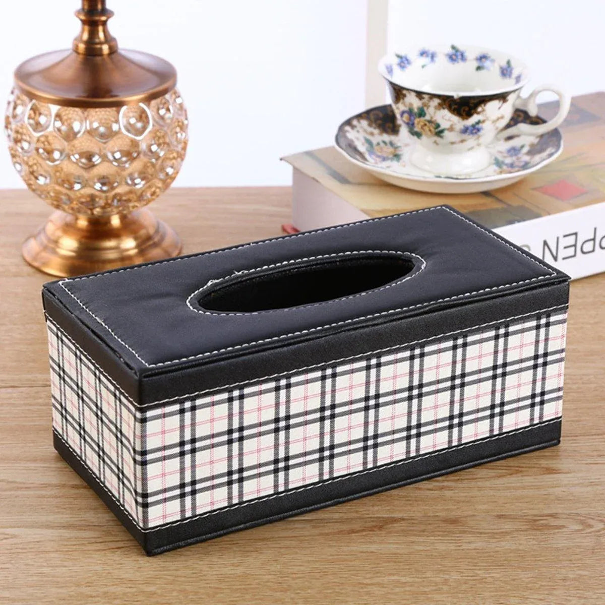 High-End PU Leather Tissue Box Holder for Hotel Home Office Decor Elegant Design - Black Buttons