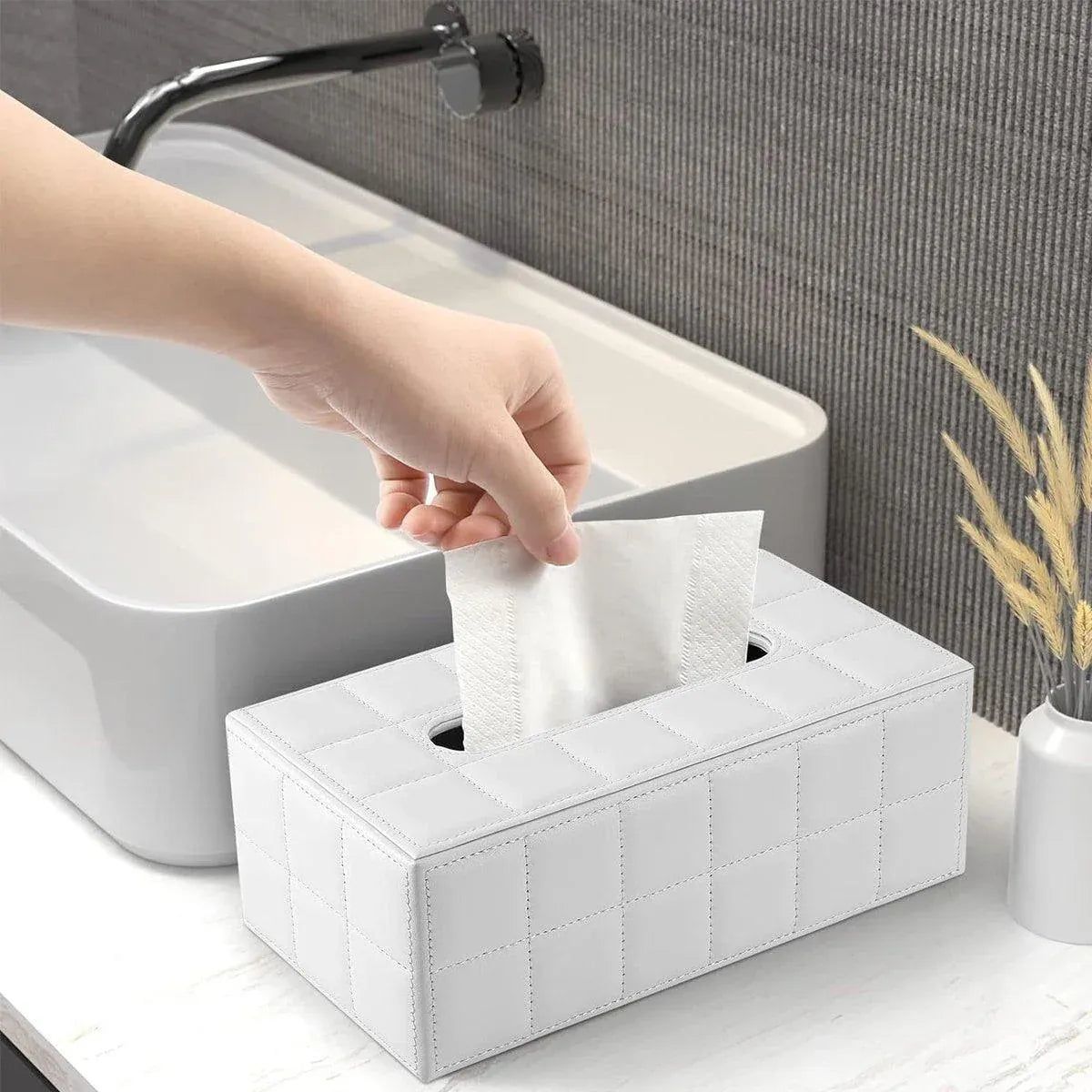 Leather Tissue Box Holder Rectangular Tissue Dispenser for Living Room Home - White
