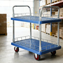 2 Tier Silent Flatbed Trolley with Double Handle for Moving Warehouse Transport