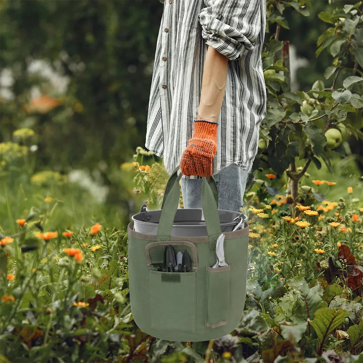 Waterproof Green Canvas Tool Storage Bag Portable Garden Bucket Organizer Use