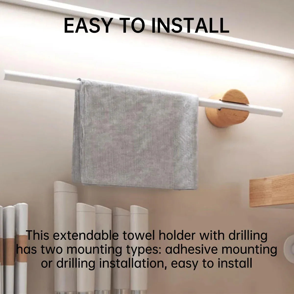 Minimalist Adjustable No-Drill Extendable Towel Rail for Bathroom Home Organizer - 60cm