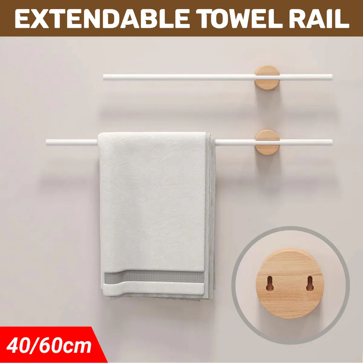 Minimalist Adjustable No-Drill Extendable Towel Rail for Bathroom Home Organizer - 60cm