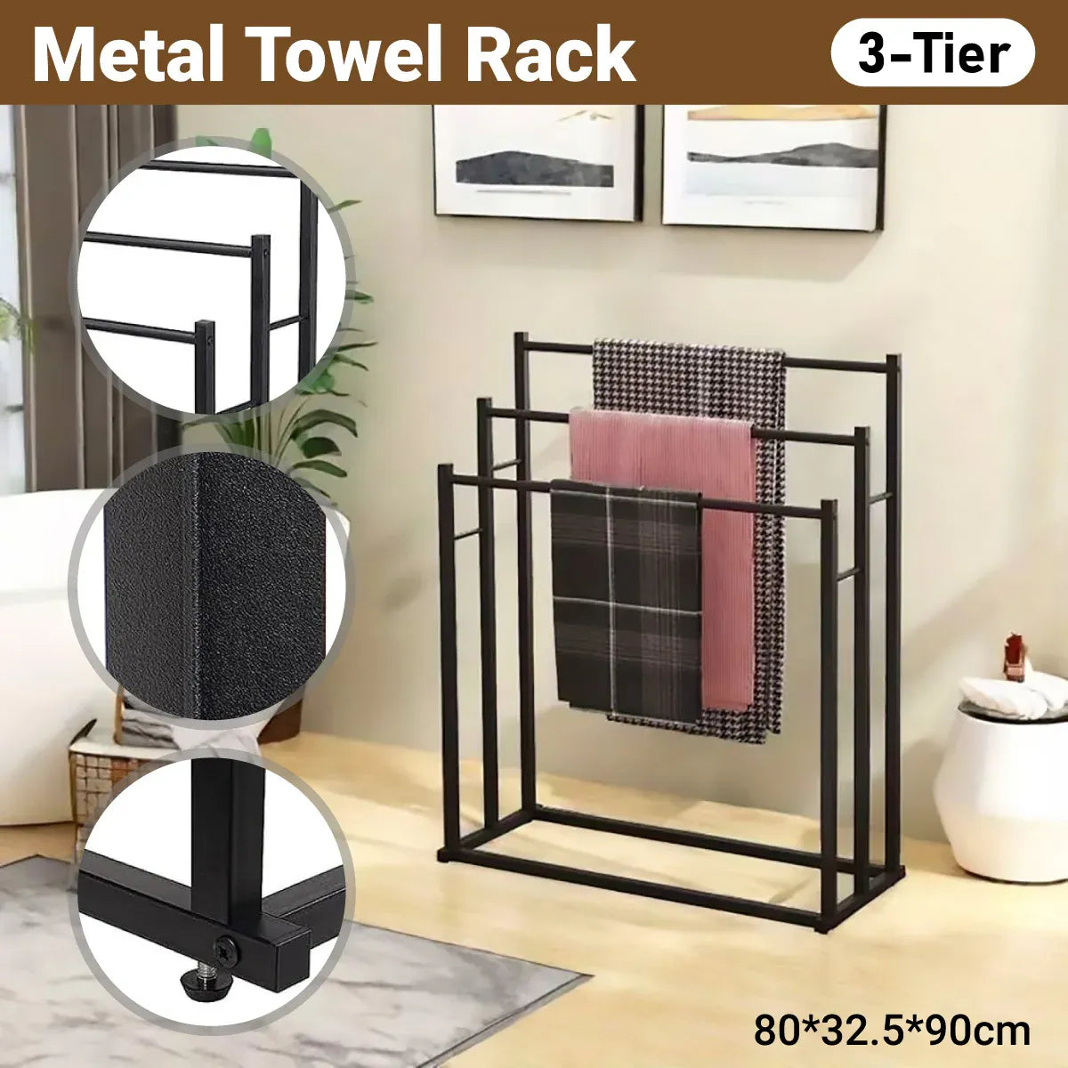 3 Bar Metal Floor-Standing Towel Rack 80x32.5x90cm Durable for Bathroom Bedroom
