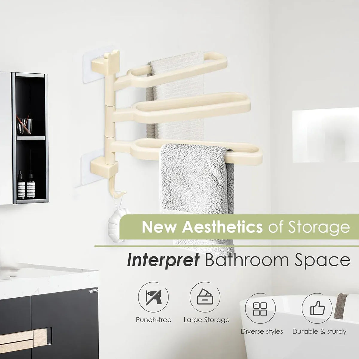 Punch-free Towel Rack Basic Model Rotatable Multi-rod Bathroom Toilet Towel Hang - White