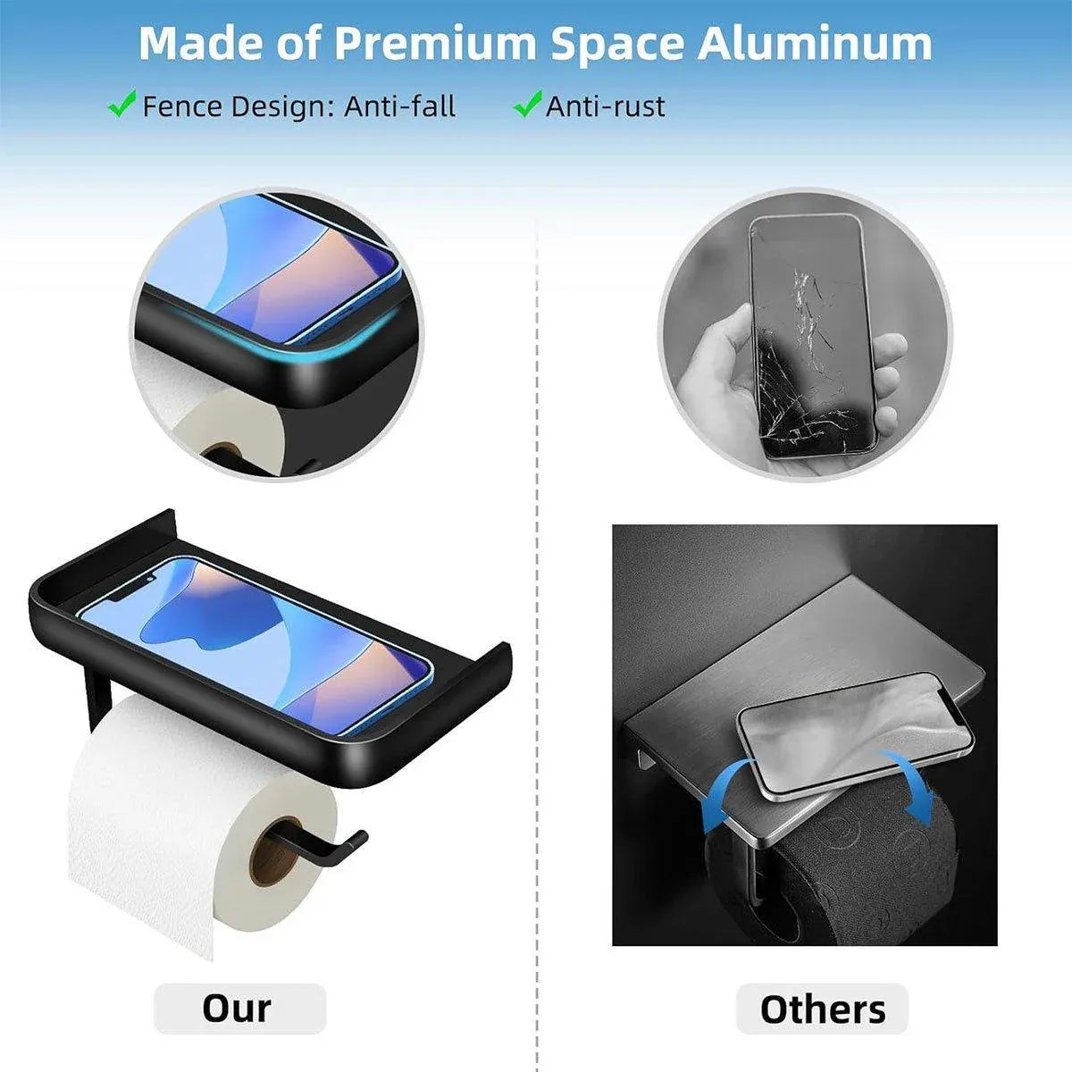 Wall Mounted Aluminum Toilet Paper Holder Non-perforated Tissue Cell Phone Shelf - Black