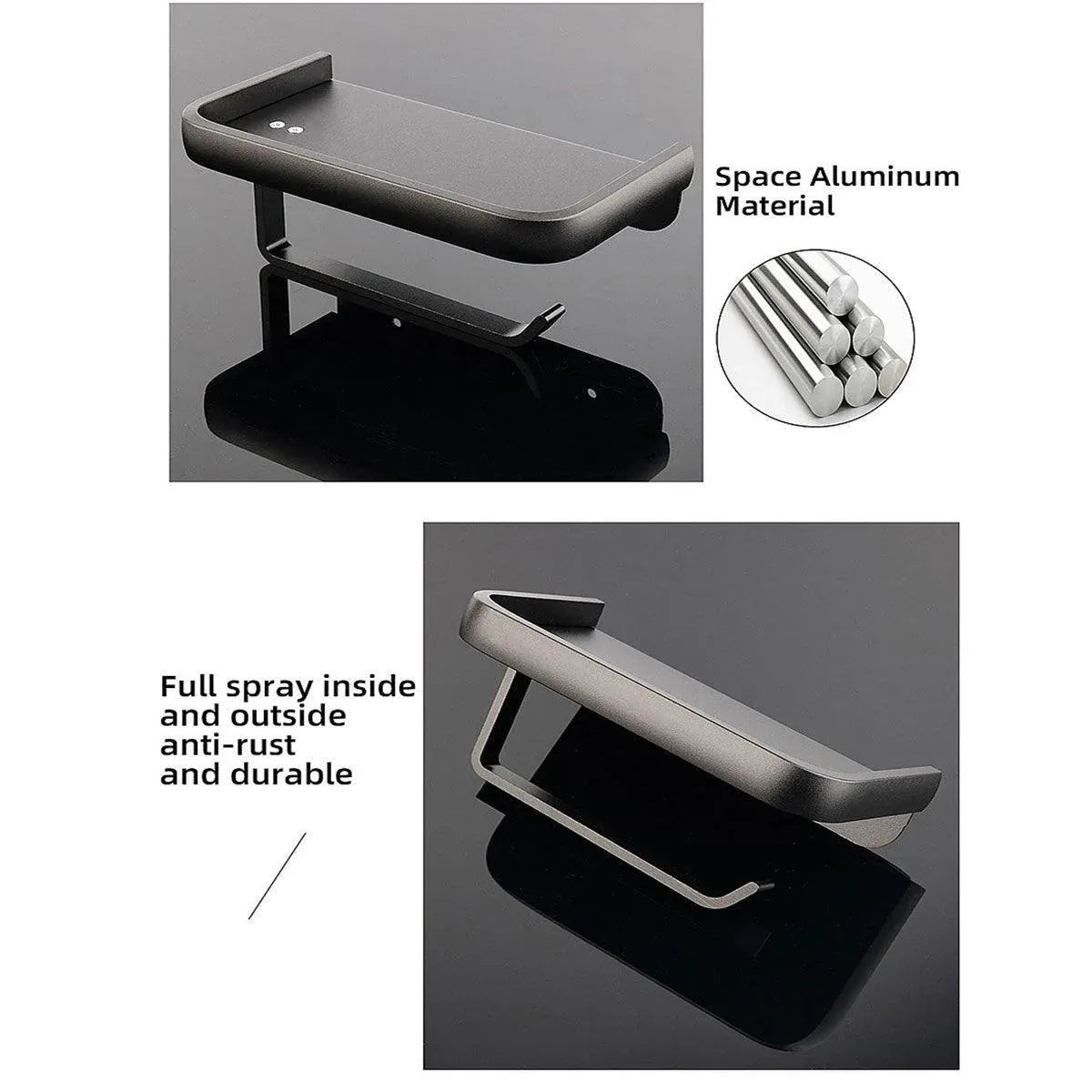 Wall Mounted Aluminum Toilet Paper Holder Non-perforated Tissue Cell Phone Shelf - Black
