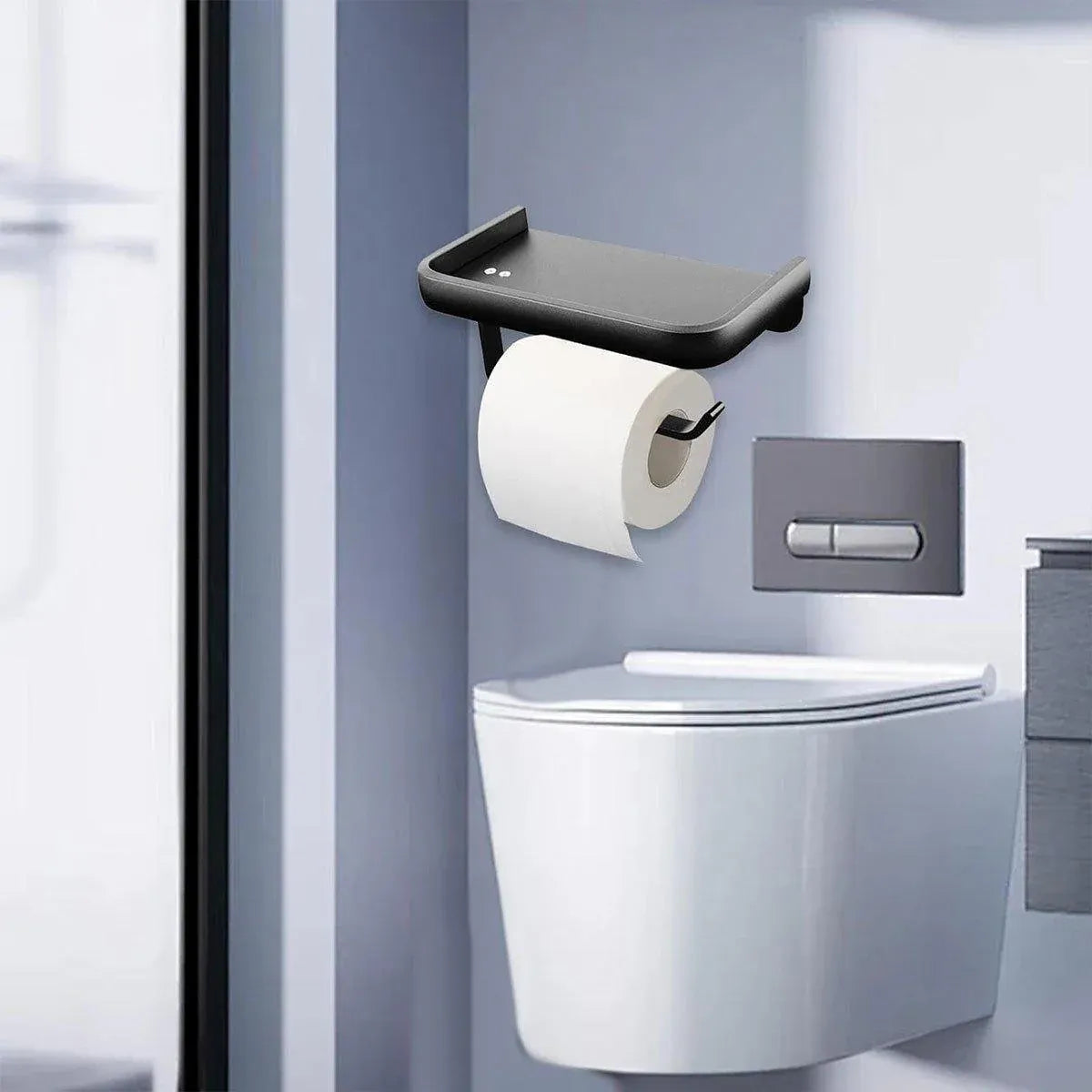 Wall Mounted Aluminum Toilet Paper Holder Non-perforated Tissue Cell Phone Shelf - Black
