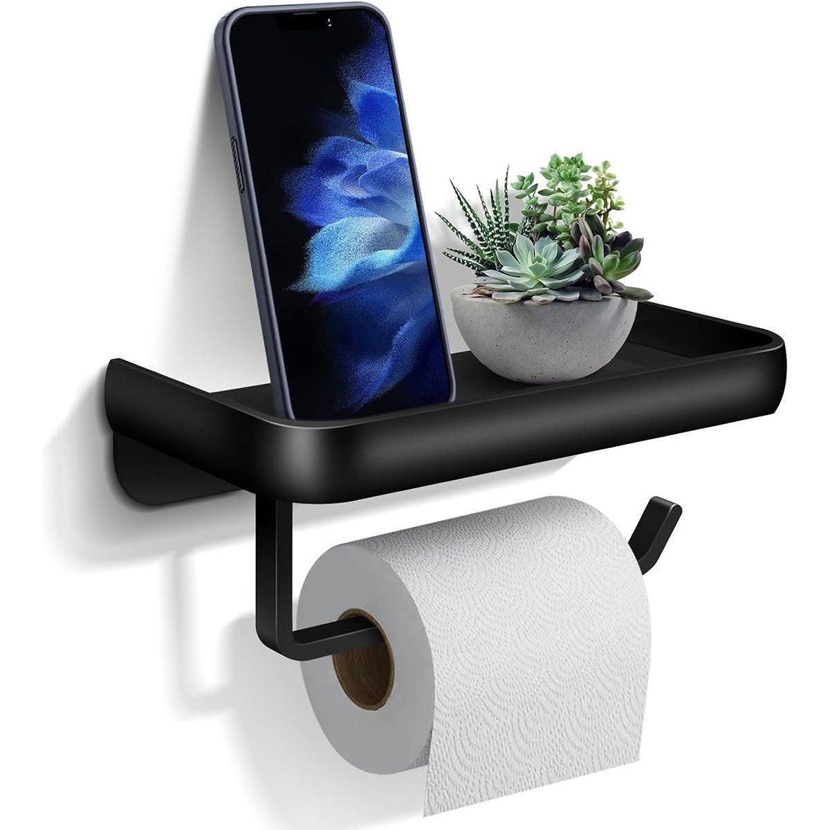 Wall Mounted Aluminum Toilet Paper Holder Non-perforated Tissue Cell Phone Shelf - Black