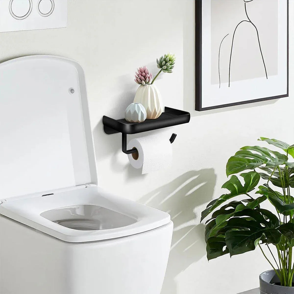 Wall Mounted Aluminum Toilet Paper Holder Non-perforated Tissue Cell Phone Shelf - Black