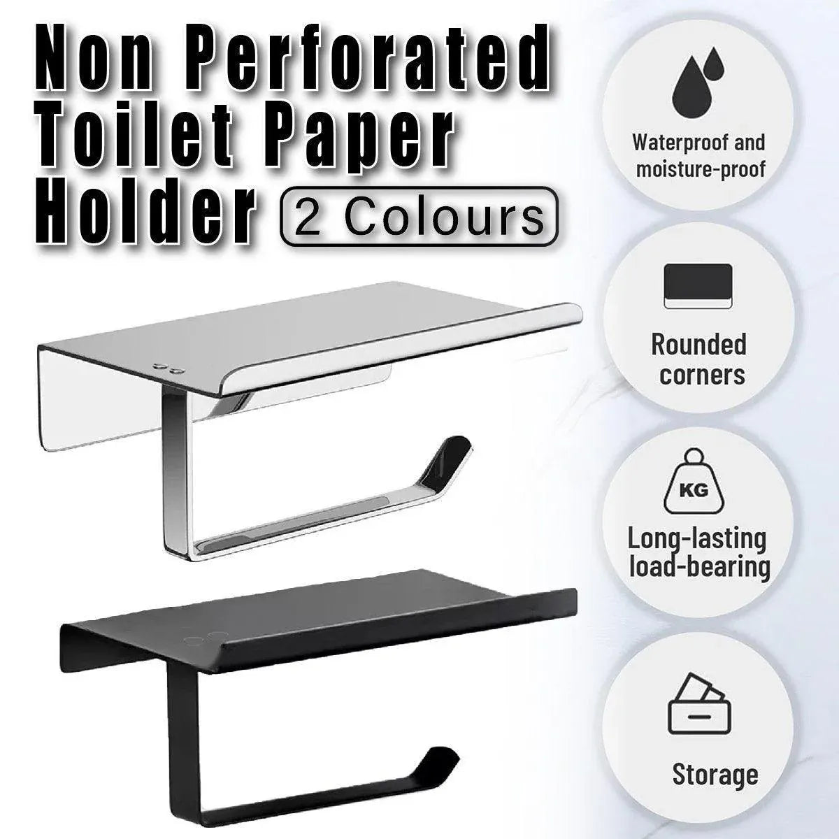 304 Stainless Steel Toilet Paper Holder Non-perforated Roll with Phone Rack - Black
