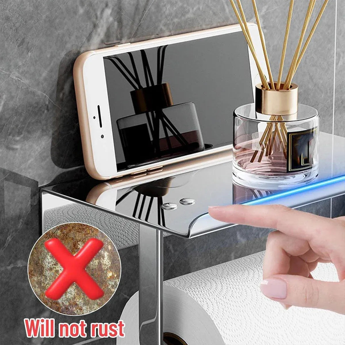 304 Stainless Steel Toilet Paper Holder Non-perforated Roll with Phone Rack - Black
