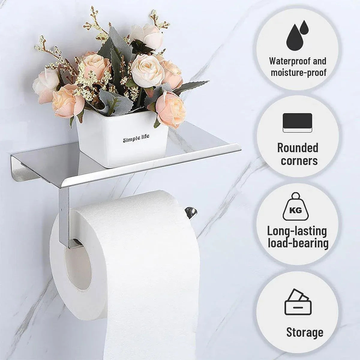 304 Stainless Steel Toilet Paper Holder Non-perforated Roll with Phone Rack - Black