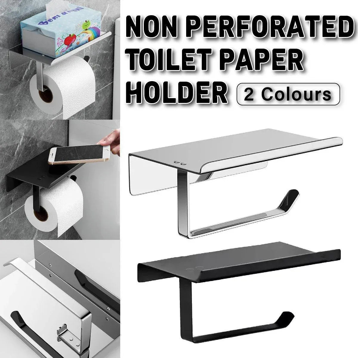 304 Stainless Steel Toilet Paper Holder Non-perforated Roll with Phone Rack - Black