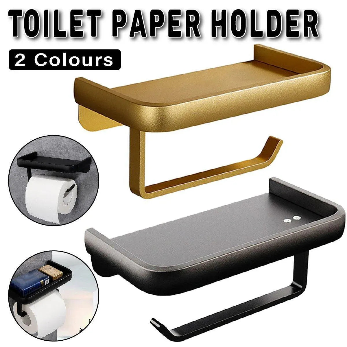 Wall Mounted Aluminum Toilet Paper Holder Non-perforated Tissue Cell Phone Shelf - Golden