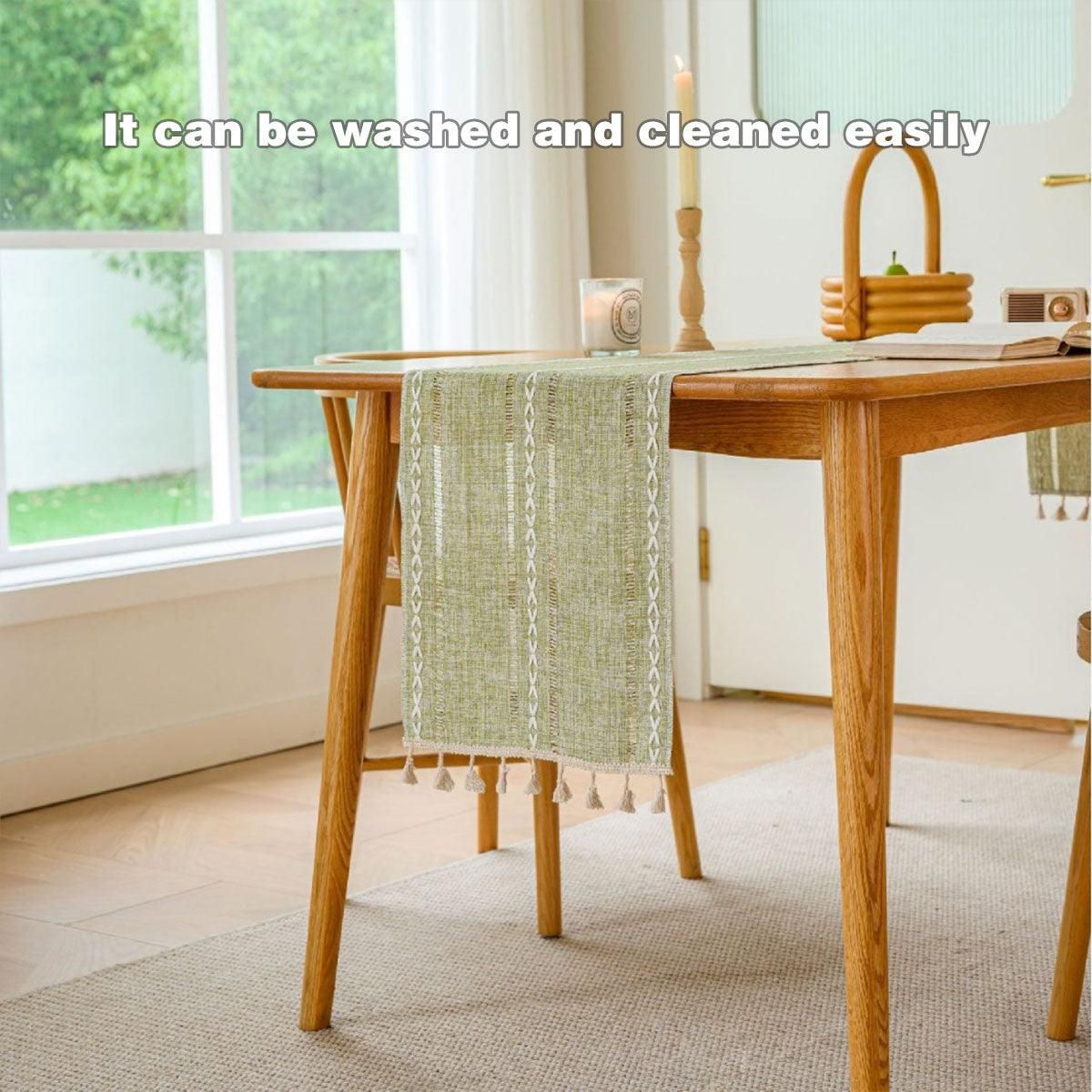 Solid Colour Woven Hollow Fringe Table Runner Home Dining Tablecloth Decoration - 33x183cm-Green