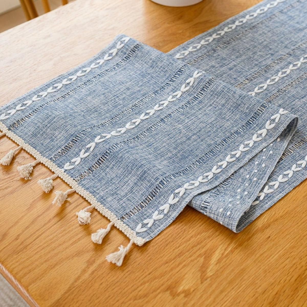Solid Colour Woven Hollow Fringe Table Runner Home Dining Tablecloth Decoration - 33x183cm-Green