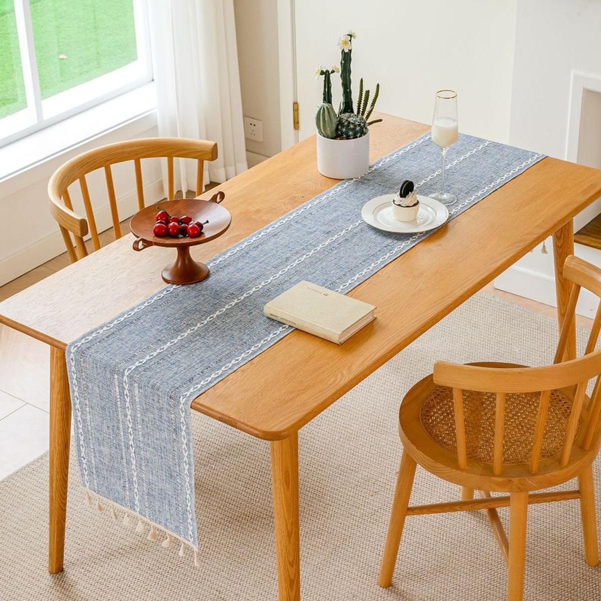 Solid Colour Woven Hollow Fringe Table Runner Home Dining Tablecloth Decoration - 33x183cm-Green