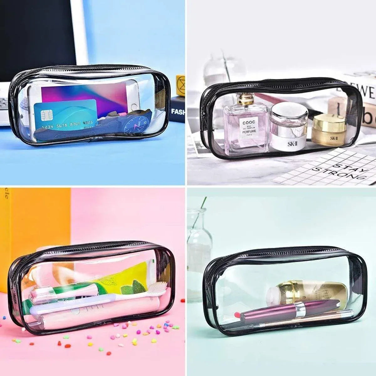 8PCS Waterproof Transparent Zipper Pencil Case Cosmetic Stationery Organizer Bag