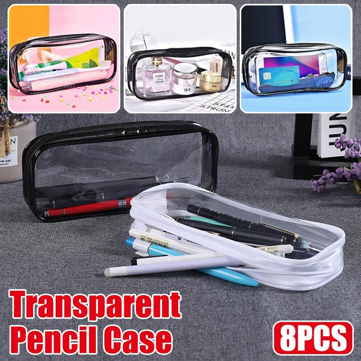 8PCS Waterproof Transparent Zipper Pencil Case Cosmetic Stationery Organizer Bag
