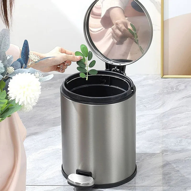 Trash Can Double Layer Foot Pedal Design with Lid Household Bin Kitchen Bathroom - White