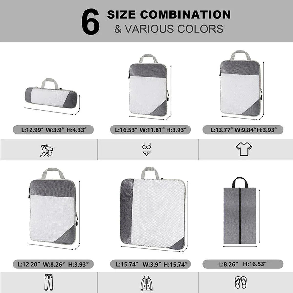 6pcs Mesh Visible Travel Storage Set Waterproof Nylon Compressible Storage Bags - Grey