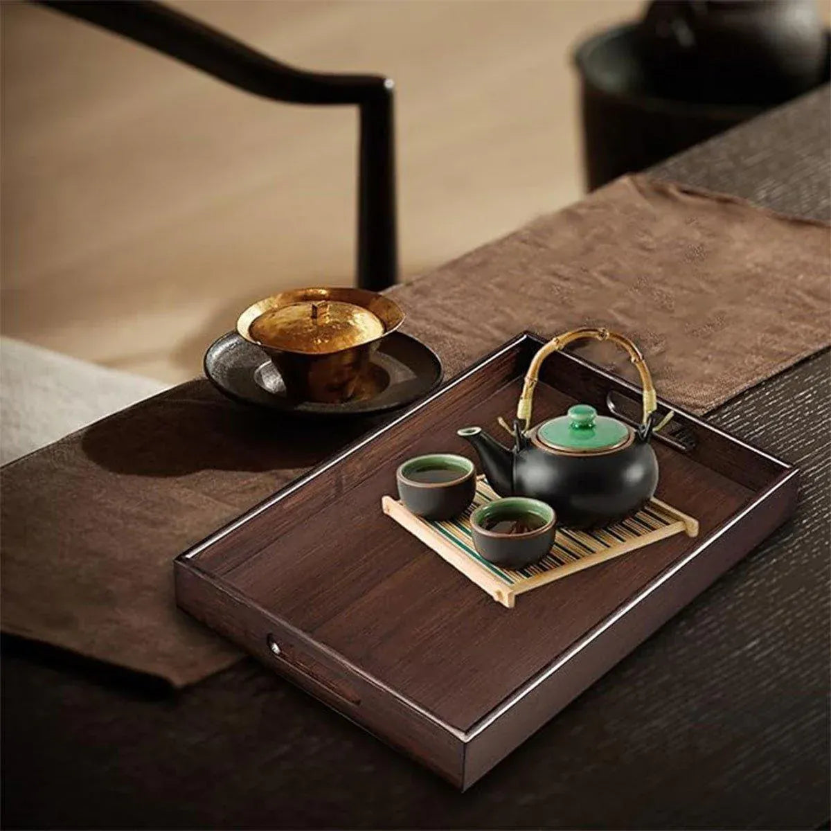 Bamboo Tea Tray Rectangular Tea Table Walnut Colour Fruit Bread Serving Plate - 28-20cm